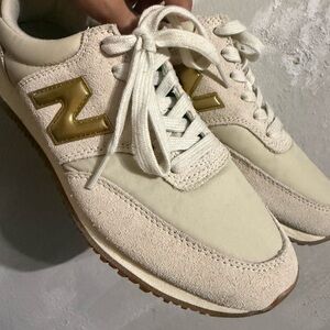 New Balance Women's Cream Suede & Nylon Sneaker with Gold N Logo